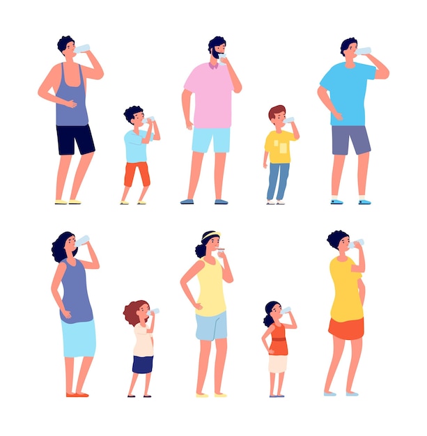 People drinking water. Girl drink water, children adult with bottles and glasses. Refreshing drinks hot day or thirst vector illustration. People drink fresh water, girl and boy health lifestyle