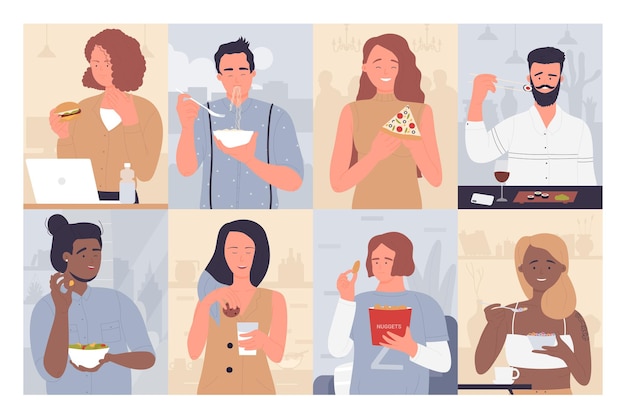 People eating food set illustration