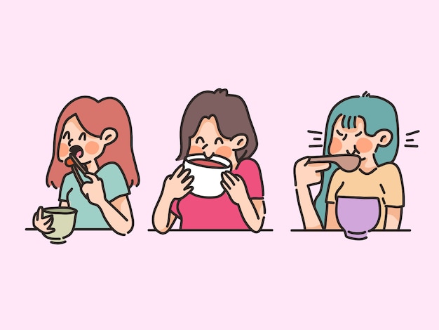 people eating food soup happy healthy food cute cartoon illustration collection