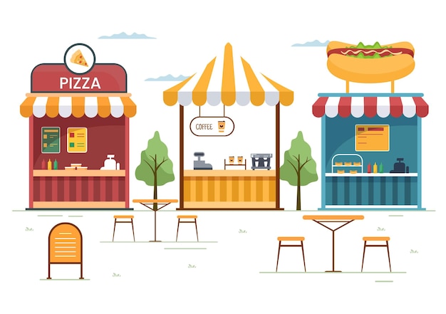 People Eating in Outdoor Street Food Serving Fast Food Like Pizza Burger or Tacos in Illustration