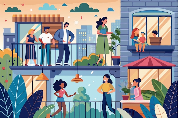 People engaging in leisure activities on balconies in an urban setting during a sunny afternoon People doing leisure activities on the balconies during coronavirus Customizable Flat Illustration