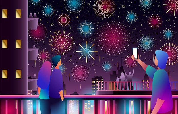 Vector people enjoying fireworks in the city night sky