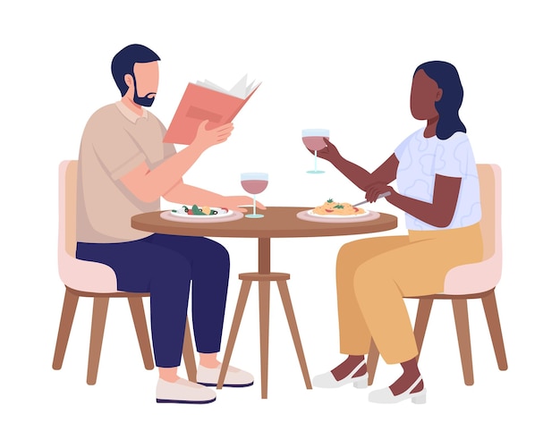 People enjoying food in restaurant semi flat color vector characters