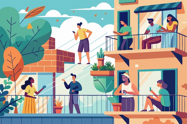 People enjoying leisure activities on balconies in a vibrant urban setting during daytime People doing leisure activities on the balconies during coronavirus Customizable Flat Illustration