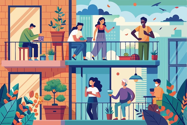 Vector people enjoying leisure activities on balconies in a vibrant urban setting during a sunny day people doing leisure activities on the balconies during coronavirus customizable flat illustration