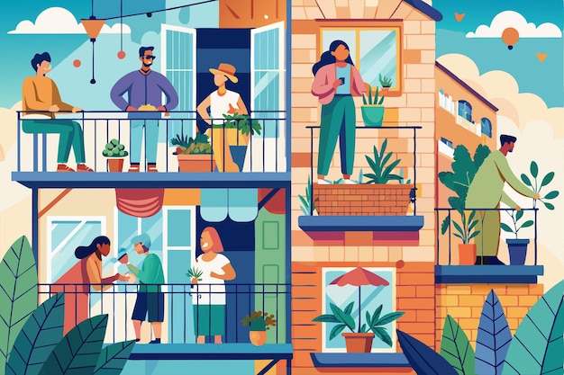 People enjoying leisure activities on balconies in a vibrant urban setting during sunny weather People doing leisure activities on the balconies during coronavirus Customizable Flat Illustration