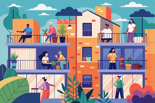 People enjoying leisure activities on colorful balconies in a sunny urban setting People doing leisure activities on the balconies during coronavirus Customizable Flat Illustration