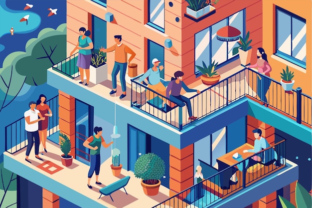 People enjoying leisure activities on colorful balconies in a vibrant urban setting People doing leisure activities on the balconies during coronavirus Customizable Flat Illustration