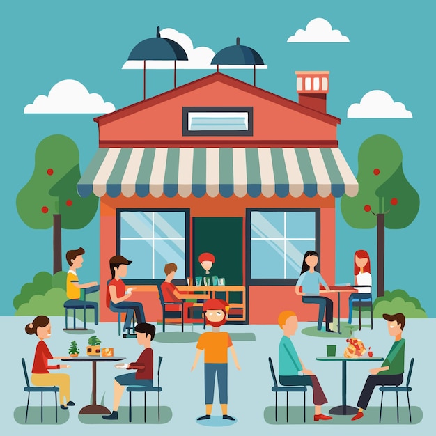 Vector people enjoying outdoor dining at a cafe with umbrellas and greenery