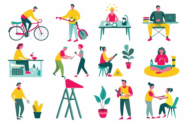 Vector people enjoying their hobbies at their places illustration on white background