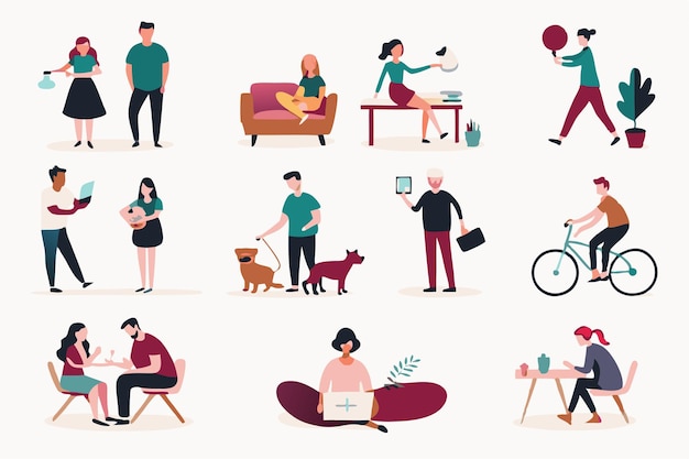 People enjoying their hobbies at their places illustration on white background