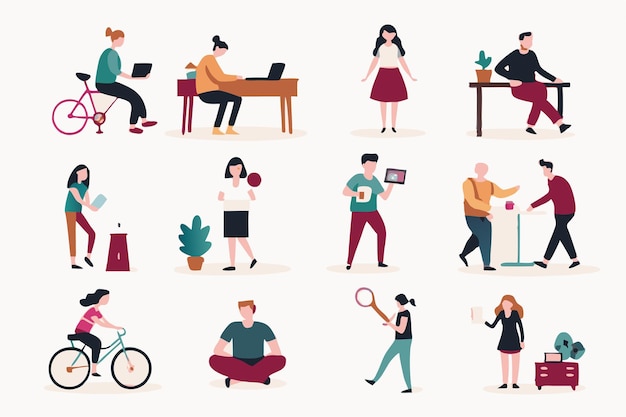 People enjoying their hobbies at their places illustration on white background