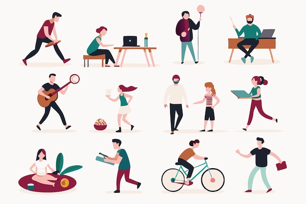 Vector people enjoying their hobbies at their places illustration on white background