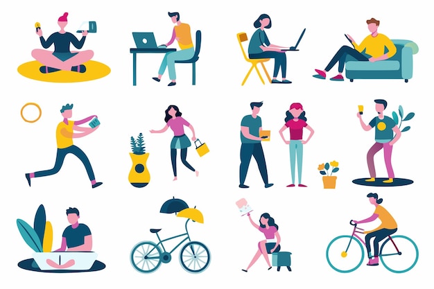 People enjoying their hobbies at their places illustration on white background