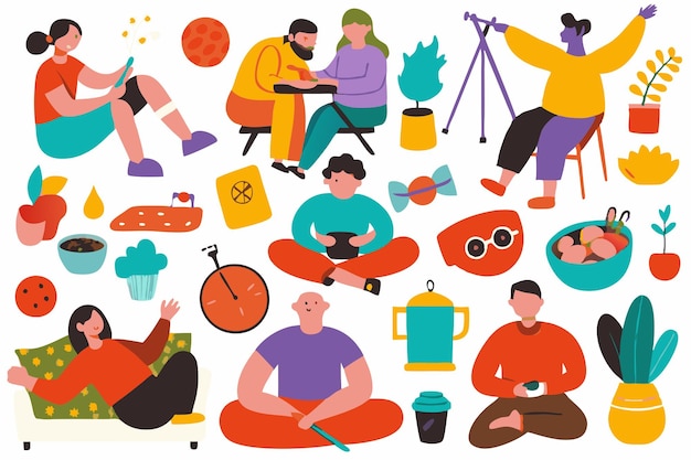 Vector people enjoying their hobbies at their places illustration on white background