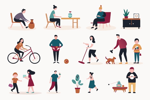 People enjoying their hobbies at their places illustration on white background