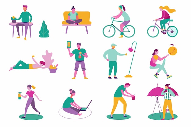 People enjoying their hobbies at their places illustration on white background