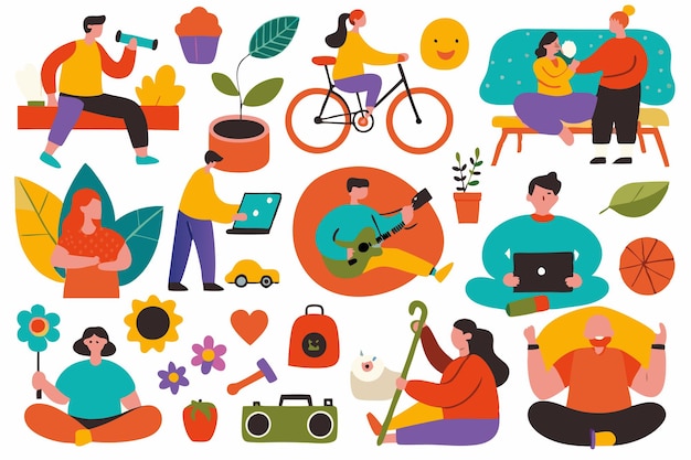 Vector people enjoying their hobbies at their places illustration on white background