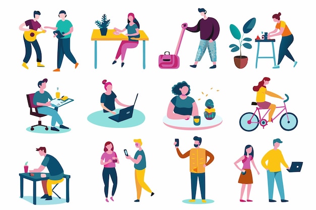 People enjoying their hobbies at their places illustration on white background