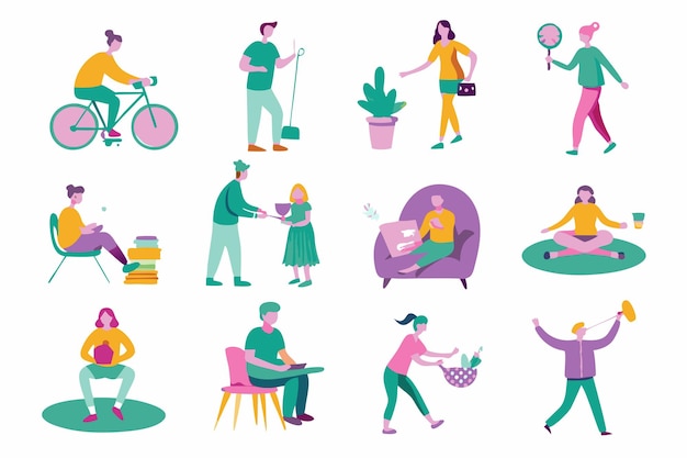 Vector people enjoying their hobbies at their places illustration on white background