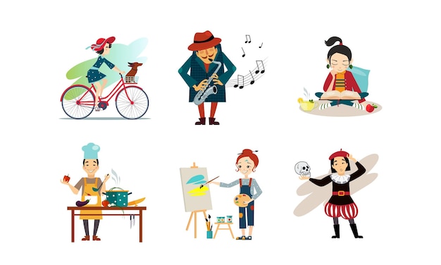 Vector people enjoying various hobbies set man and woman riding bike playing saxophone reading book cooking