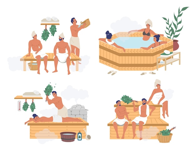 People enjoying wellness and relaxation water procedures in russian steam bath finnish sauna japanese hot spring bath flat vector isolated illustration Spa resort sauna bathhouse body care therapy