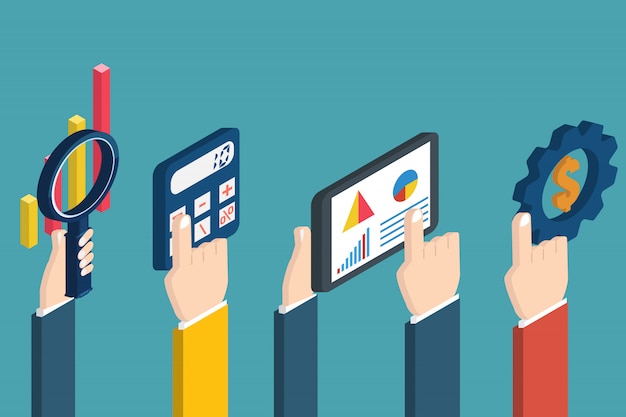 People examining economic statistic. Financial examiner. Isometric Vector illustration.