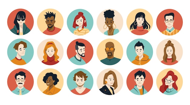 People face avatars User portrait of business team diverse character of different man and woman Young multiethnic various students face Round icons Vector cartoon group set