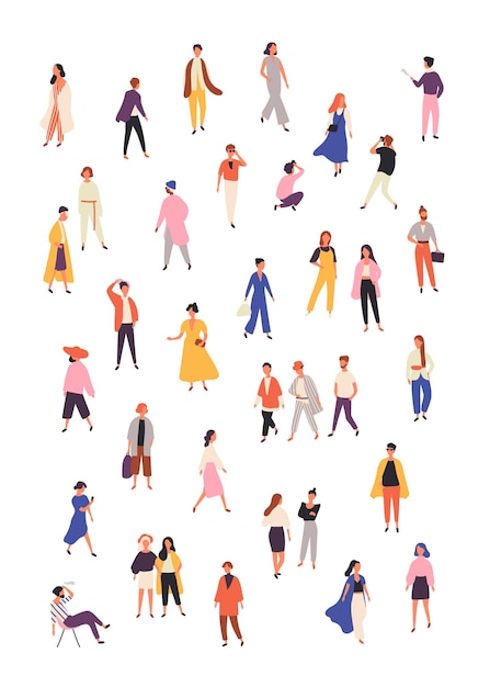 People in fashionable clothes flat illustrations set. Stylish male and female models isolated design elements on white