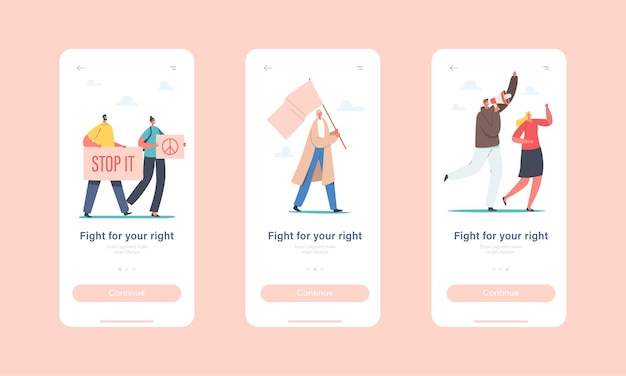 People Fight for the Rights Mobile App Page Onboard Screen Template. Characters Protesting with Placards and Signboard on Revolution Strike or Demonstration, Riot Concept. Cartoon Vector Illustration