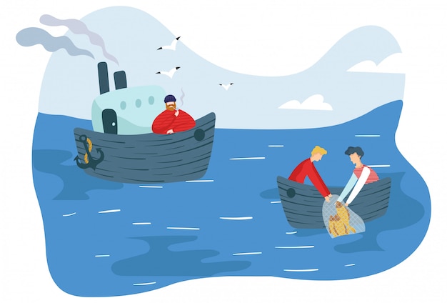 People fishing in sea, simple cartoon characters,  illustration