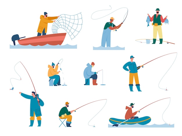 People fishing with rod on lake fisherman catching fish with net Fisher characters fishermen ice fishing summer leisure activity vector set Illustration of fisherman on lake