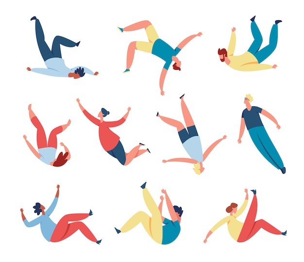 Vector people floating, soaring in air or sky, person flying in space. men and women characters sleep and fly in dreams or imagination vector set. creative free flight, active leisure time