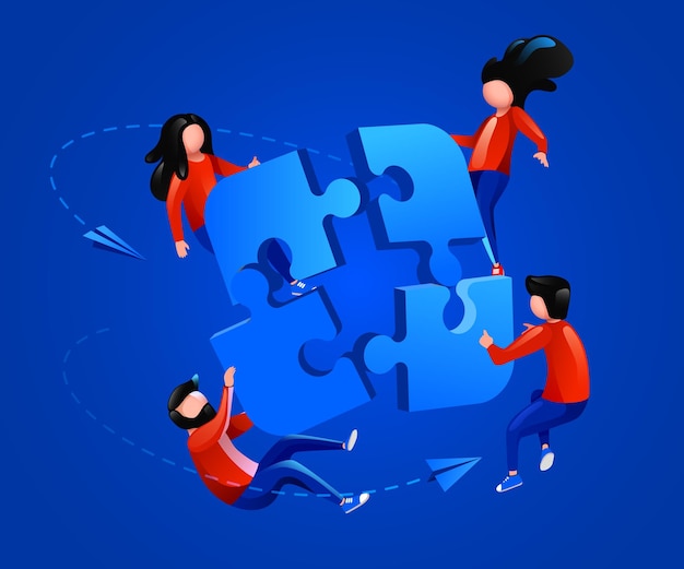 People fly around jigsaw puzzle cooperation teamwork and partnership concept