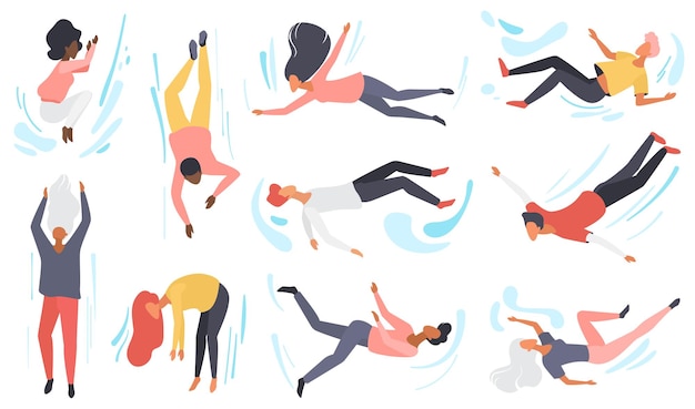 Vector people fly set male and female characters flying floating in air man and woman falling