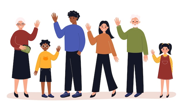 People in full growth of different ages saying hello and waving with hand. Concept of smb, society