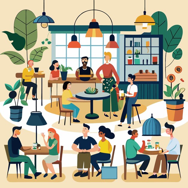 Vector people gather at a cafe enjoying coffee conversation and plants