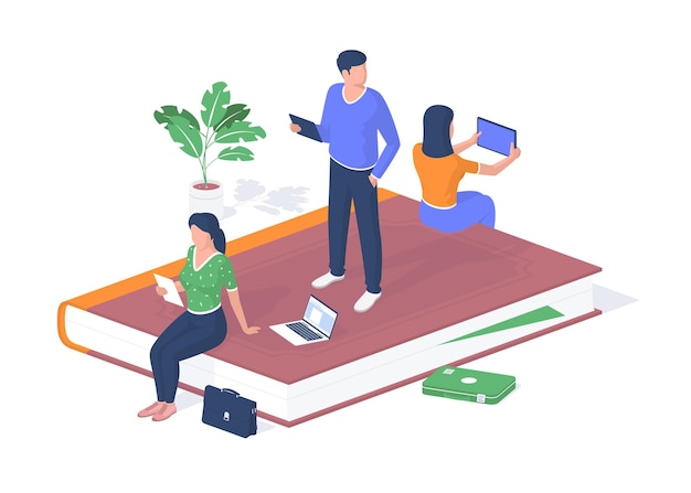 People getting online education. Students with tablets listen lecture. Laptop and briefcase on floor. Video conferences and scientific presentations via internet. Vector isometric realism