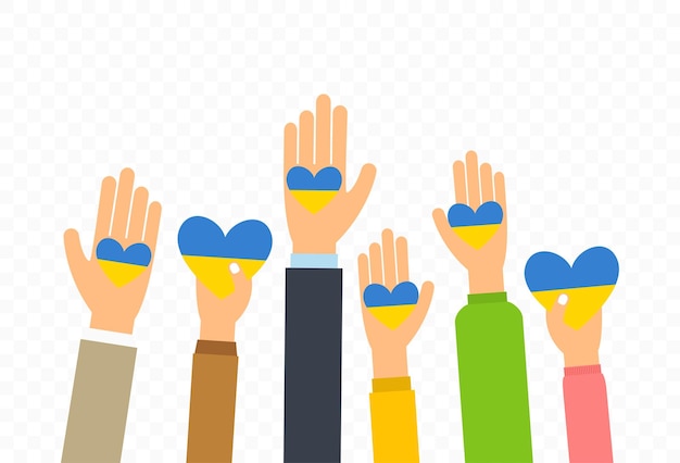 People give hearts in Ukrainian flag colors in palm hand Concept of charity and donation for Ukraine