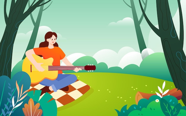 People go camping outdoors in spring with forest trees and lawn in the background, vector