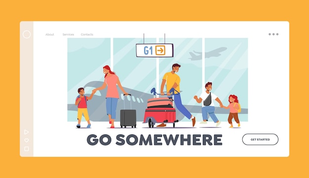 People Go on Vacation Landing Page Template. Happy Parents and Children in Airport, Mother and Father Travelling with Kids, Family Characters with Bags Walk to Airplane. Cartoon Vector Illustration