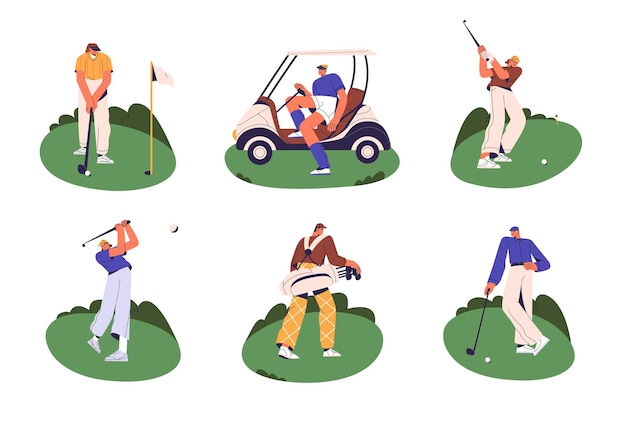 Vector people golfers playing golf with balls clubs putters bag car cart holes on grass field leisure sport game on lawn on summer holiday flat vector illustrations isolated on white background