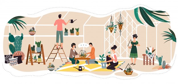 Vector people in greenhouse, planting and watering decorative houseplants, illustration