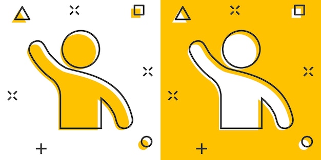 People greeting with hand up icon in comic style Person gesture vector cartoon illustration pictogram People leader business concept splash effect