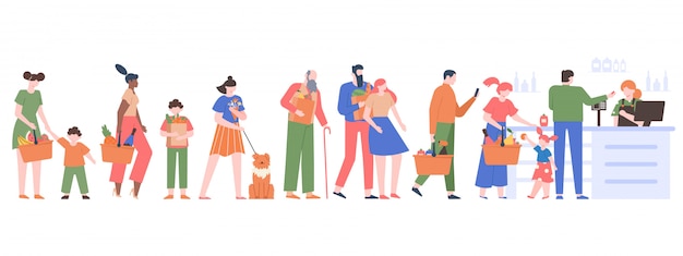 People grocery queue. Characters crowd waiting in cashier line, customers in supermarket, grocery store long queue   illustration. People grocery market, customer in supermarket