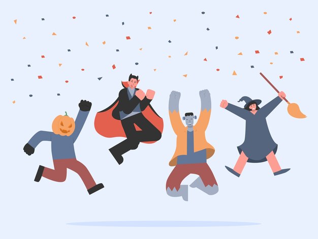 Vector people group in halloween fancy clothes jumping in the air with ribbon for holiday celebrations with happy. vampire, frankenstein, witch, and pumpkin monster in team congratulation action.