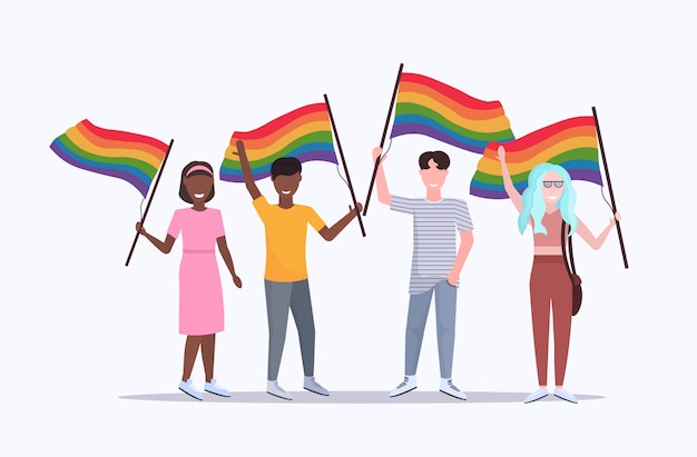 people group holding rainbow flag lgbt pride festival concept mix race gays lesbians celebrating love parade standing together full length flat horizontal