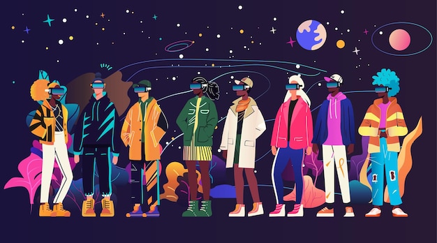 Vector people group virtual reality futuristic community diverse individuals wearing vr headsets standing in a cosmic background with stars planets and abstract elements