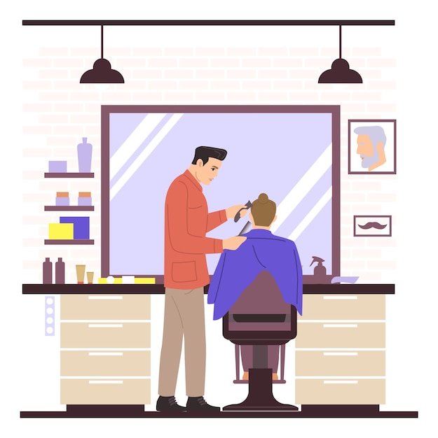 People in hair salon Barber with customer Hairdresser makes haircut Client sitting on armchair Haircutter trimming and shaving Hairdressing guy Vector barbershop illustration