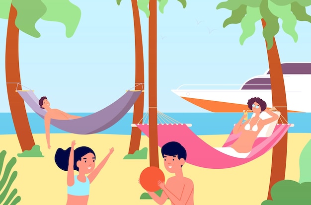 People in hammocks Outdoor rest beach relaxation in hammock Happy family summer vacation travel or ocean holiday vector illustration